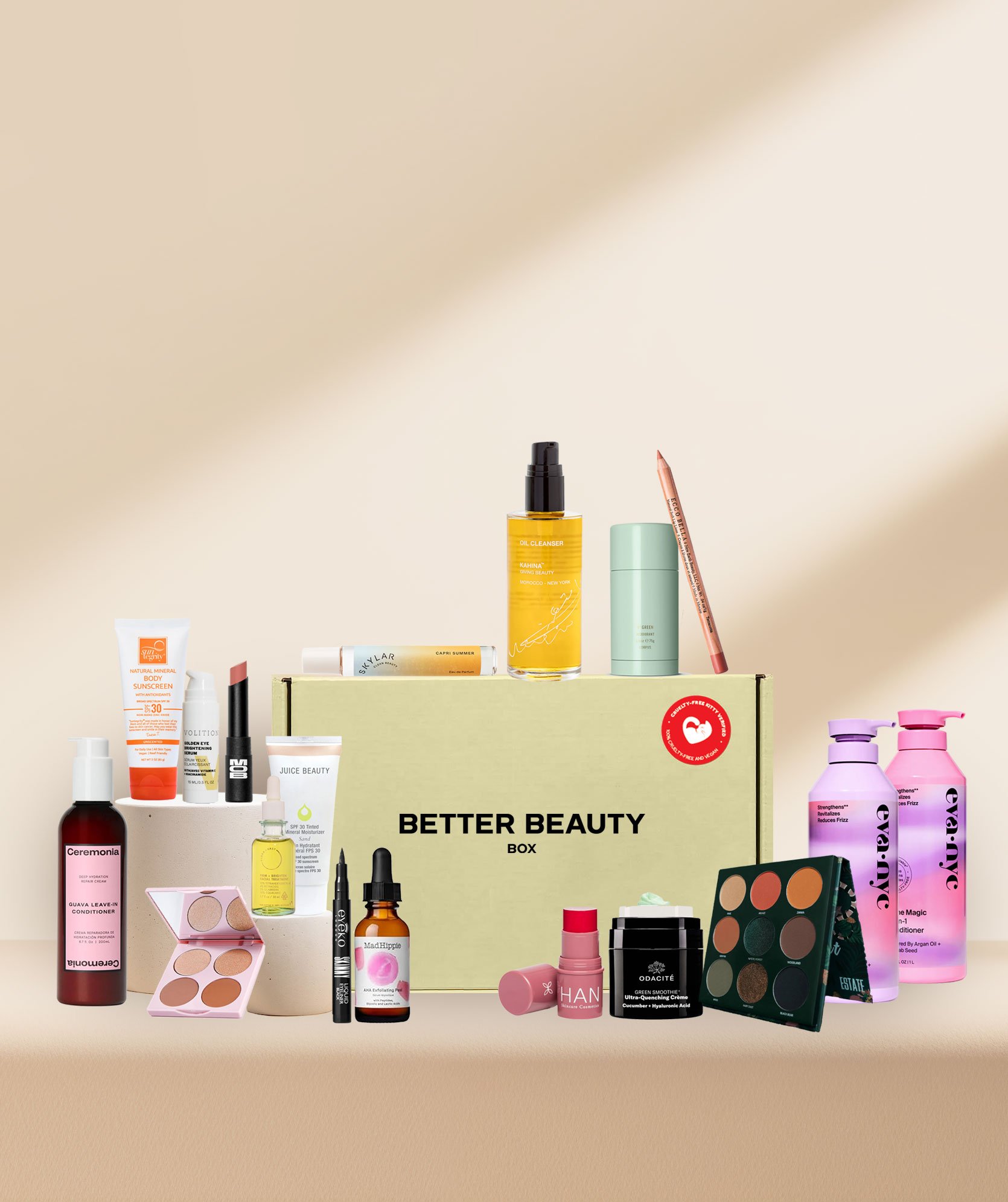 A collection of Better Beauty Box products including skincare, makeup, and a yellow subscription box.