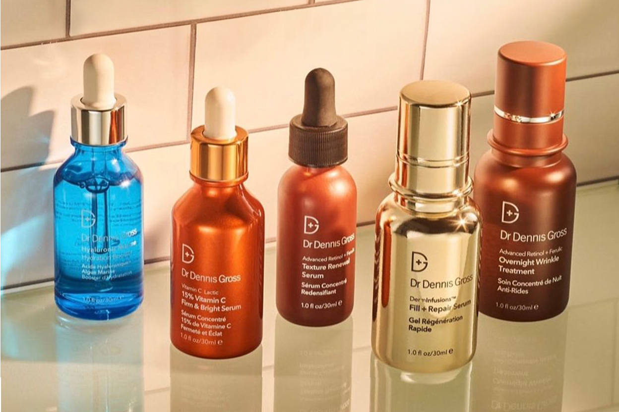 Dr. Dennis Gross acquired by Shiseido. Picture of Dr. Dennis Gross skincare products on a bathroom vanity.